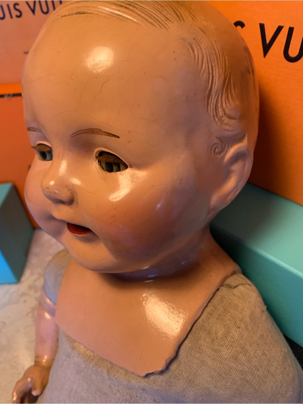 Antique Large Size Composite Sleepy Eye Baby Doll 1930s w/ antique clothing.